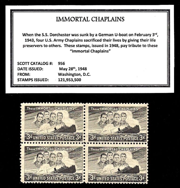 1948 - IMMORTAL CHAPLAINS -  Block of Four Vintage U.S. Postage Stamps