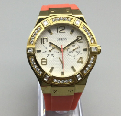 Guess Waterpro Watch Men Pave 39mm Gold Tone U0426L2 Orange Dial New Battery