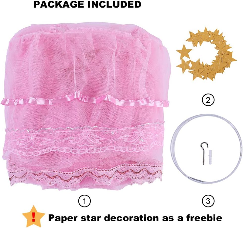 Kids Netting Princess Bed Canopy 3 Layers Lace Ruffle Dome for Baby, Girls (Pink