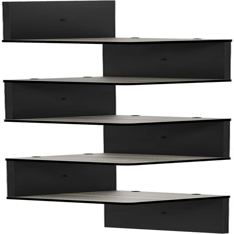 Rossi Wall Mount Floating Corner Shelf, 5-Tier Square, French Oak Grey/Black