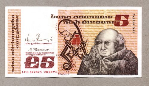 Old Vintage Irish - Ireland 1991 Five / Punt Banknote Johannes Scotia Eriugena