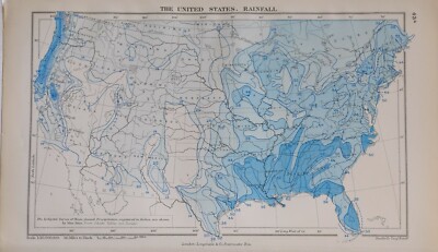 1889 MAP UNITED STATES RAINFALL ISOHYETAL CURVES MEAN ANNUAL PRECIPITATION