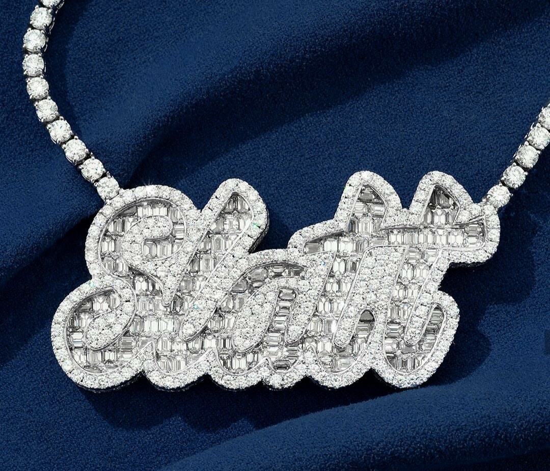 Pre-owned Online0369 3ct Cubic Zirconia Men Custom Crusive Name Necklace Free Stud Sterling Silver In White