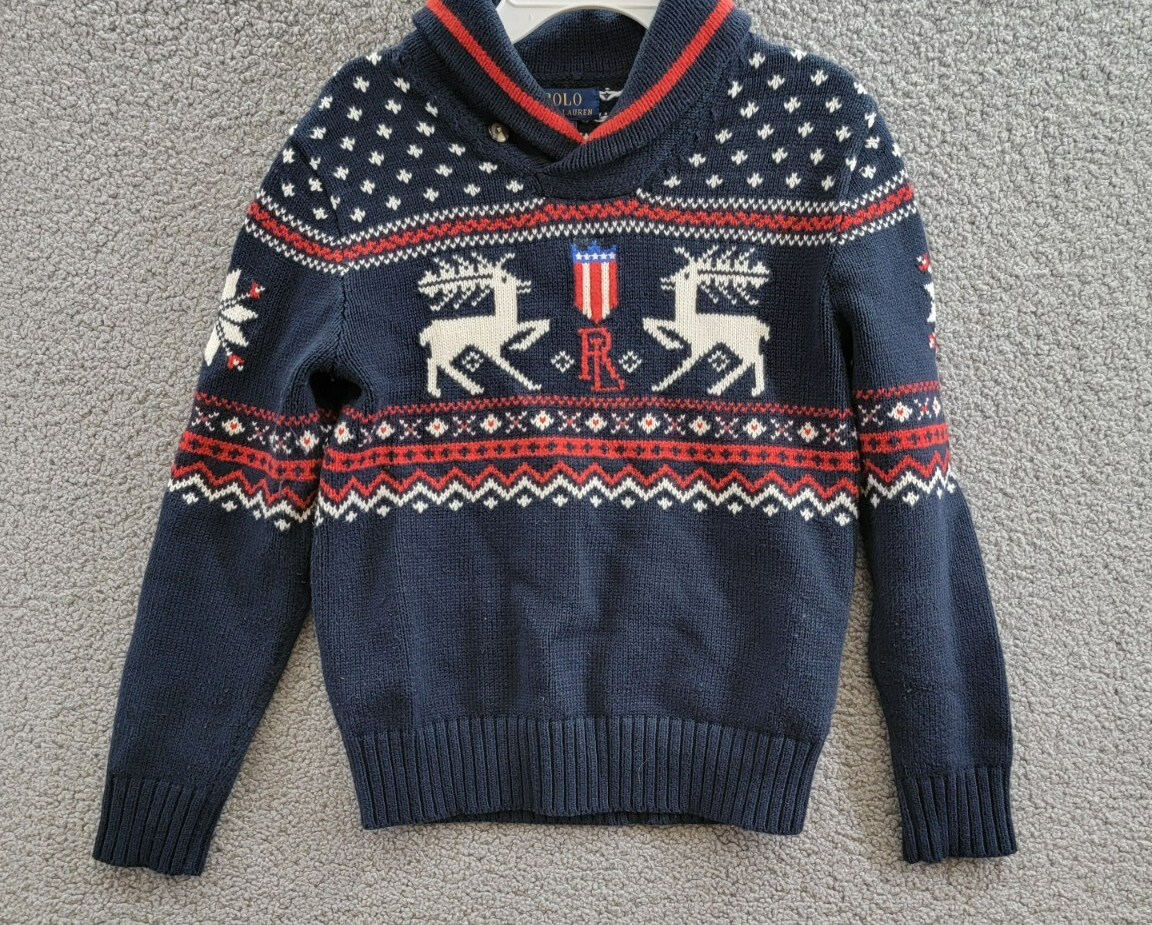 Polo Ralph Lauren Reindeer Wool Blend Shawl Sweater Boys' M (10-12) Navy Multi - Picture 2 of 17