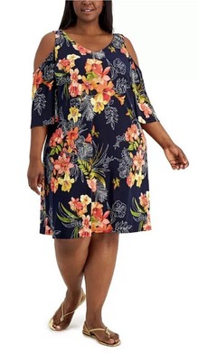 Connected Apparel Cold Shoulder Navy/Coral Jersey Shift Dress Plus Size 18W NEW
