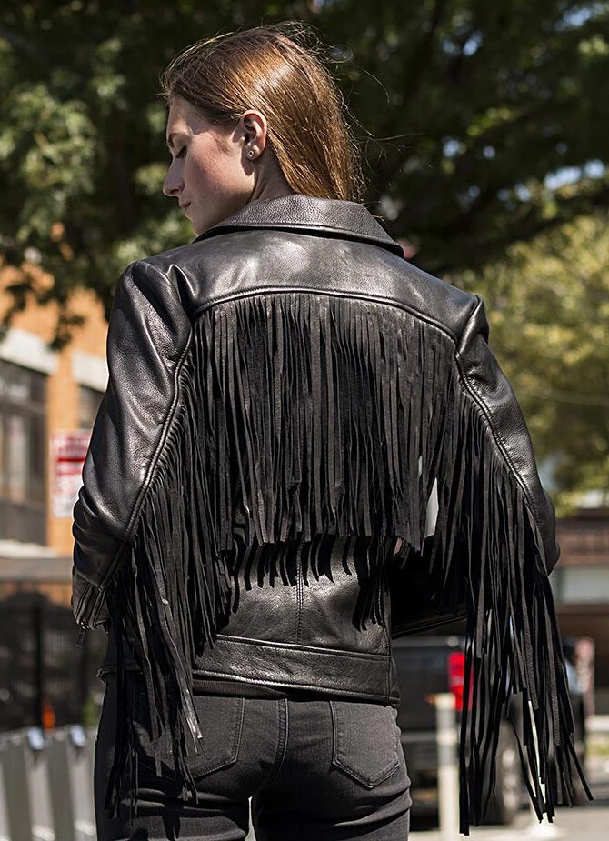 Pre-owned Whetblu Ladies Western Style Black Cowhide Jacket With Fringe Trim (lc1503-black)