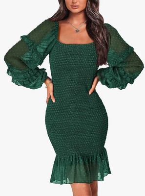 PRETTYGARDEN Womens Smocked Bodycon Mini Dress Long Sleeve Square Neck