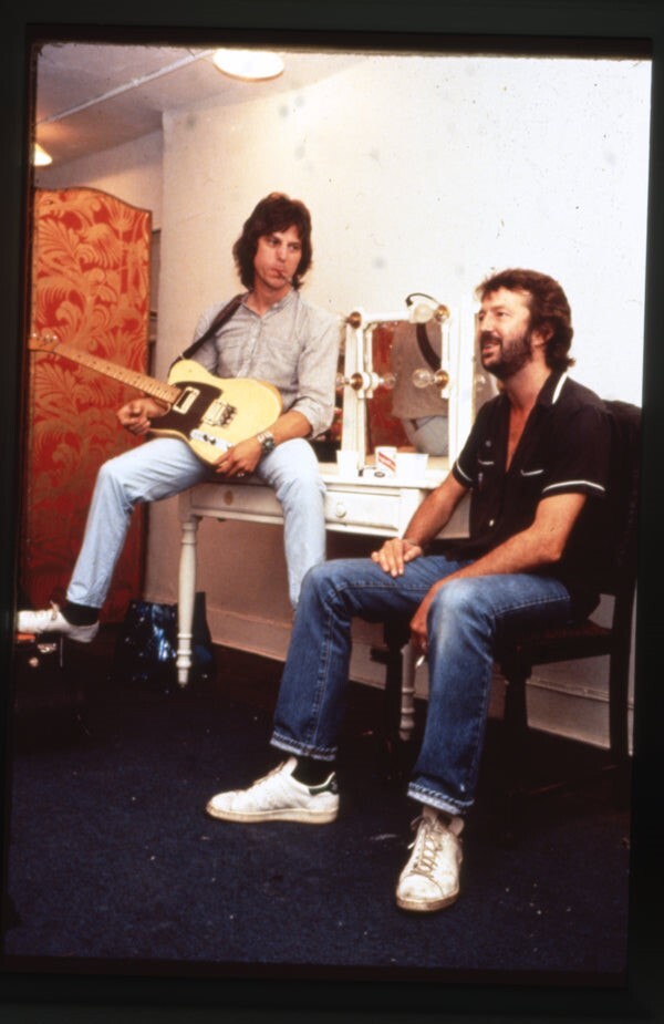 Eric Clapton Jeff Beck with guitar Candid Backstage Original