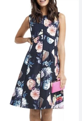 BNWOT Oasis Rose Ladder Trim Skater Dress Blue Size 8 Quilted V-Back