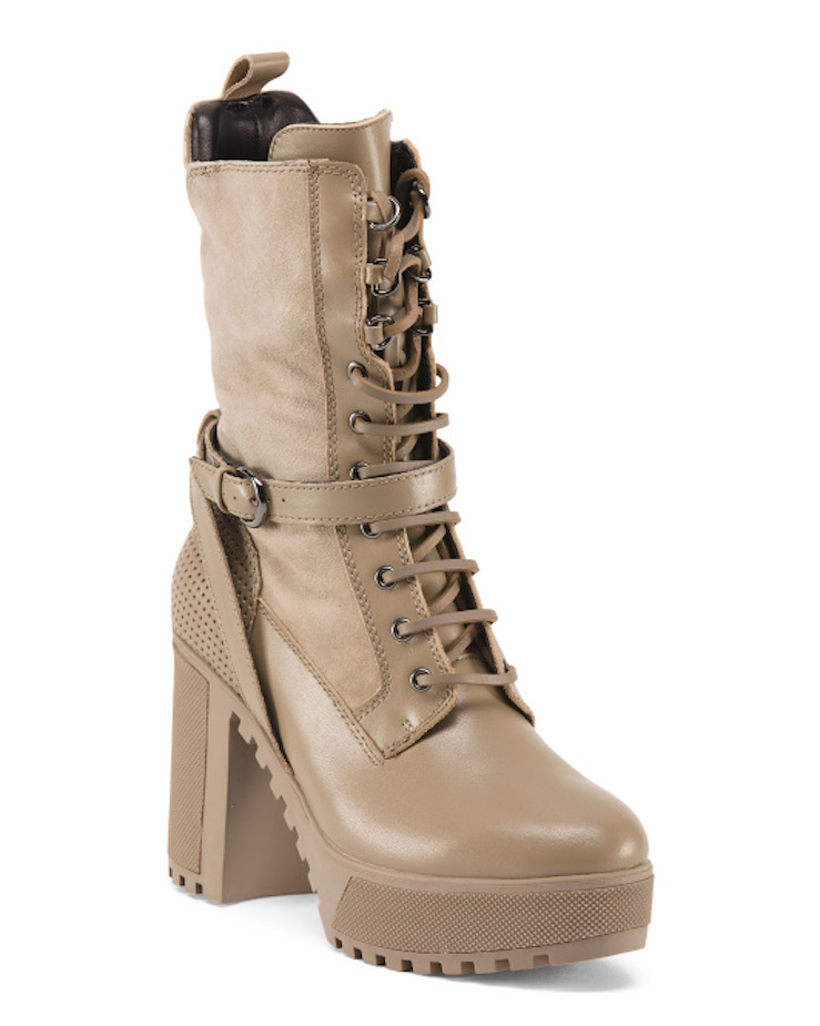 Pre-owned Atelje 71 Annika Taupe Leather Suede Platform Combat Boot Size 7.5 Or 8 In Beige