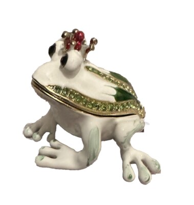 Enameled White Green Rhinestone Encrusted Crowned Frog Hinged Metal Jewelry Box