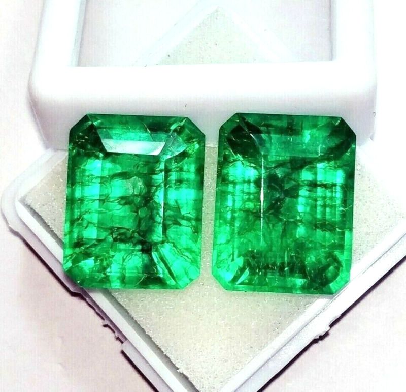 2 Pcs Emerald Cut Certified Natural Emerald  18 Ct Loose Gemstone Pair