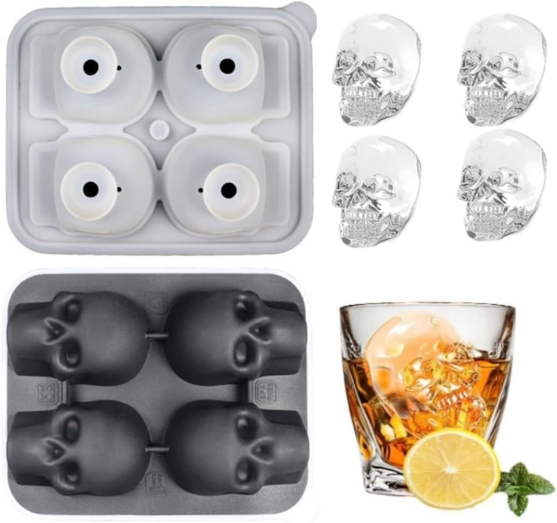 Skull Ice Cube Mold,  4 Cavity 3D Large Skull Ice Cube Tray,Reusable Silicone Ic