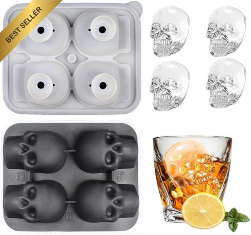 Skull Ice Cube Mold, 4 Cavity 3D Large Skull Ice Cube Tray,Reusable Silicone Ice