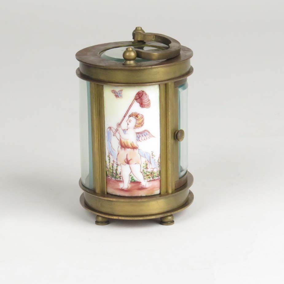 Antique French carriage clock brass miniature painted porcelain