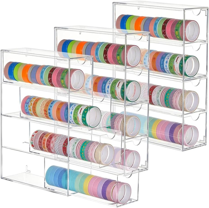 3-Pack Acrylic Washi Tape Storage Box with Sliding Drawers, Desktop Accessory Di