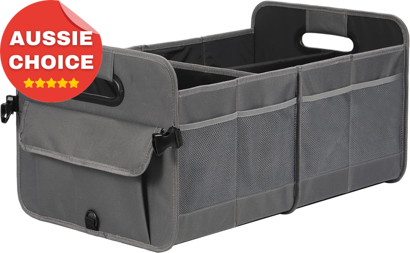 Car Trunk Organizer Collapsible Multi Compartment Storage Adjustable Straps Gray
