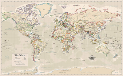 Antique Style Laminated World Map - 18'' X 29'' - Wall Chart Map of the World - Ma