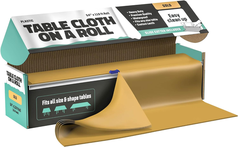 Tablecloth Roll &ndash; 54" X 110' Gold Premium Plastic Table Cloths with Cutter Box -