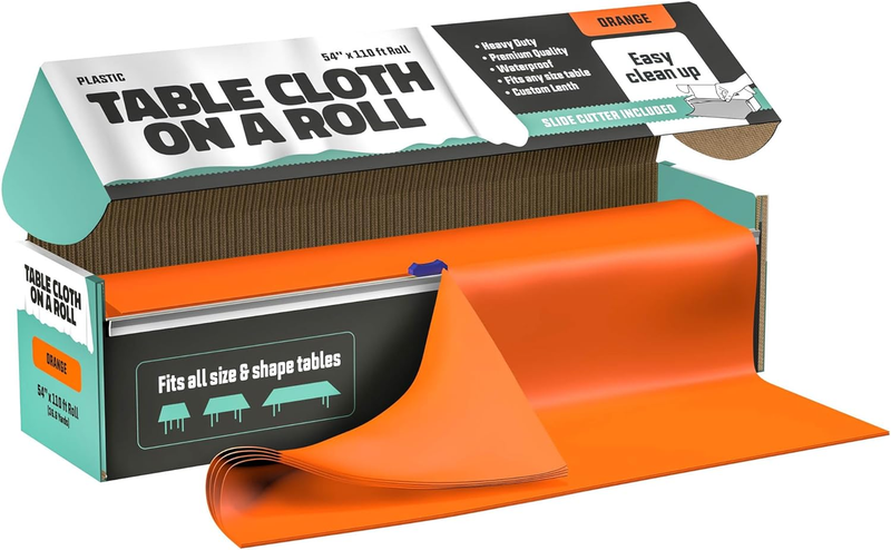 Tablecloth Roll &ndash; 54" X 110' Orange Premium Plastic Table Cloths with Cutter Box