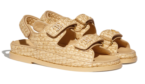 Pre-owned Chanel 21c Beige Raffia Pearl Cc Logo Mule Slide Strap Flat Teva Dad Sandal 38.5