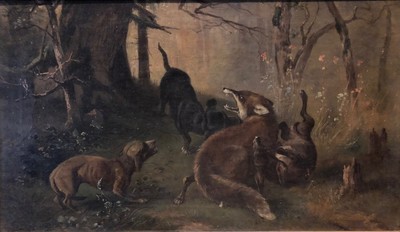 Karl (Carl) Reichert Victorian Oil Painting Fox Hunt with Dogs Original Frame