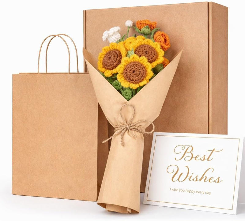 Handmade Crochet Flower Bouquet – Knitted Flowers Gift Set (3 Sunflowers, Bubble