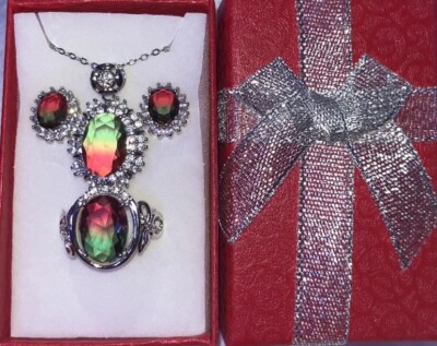 Beautiful Red & Green Watermelon Tourmaline CZ Necklace, Earrings, & Ring 10 Set