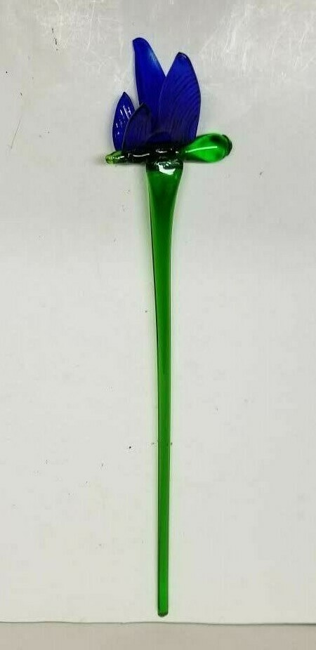MURANO ART STYLE DARK BLUE BUTTERFLY LONG STEM GLASS FLOWER 19 1/4