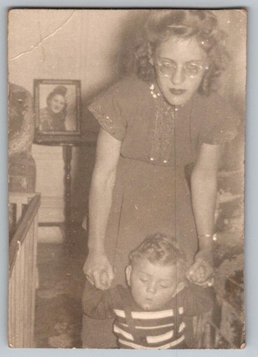 Vtg B&W Snapshot Woman Irene & Boy Jeff Israel Zion Hospital Info Back 1940s