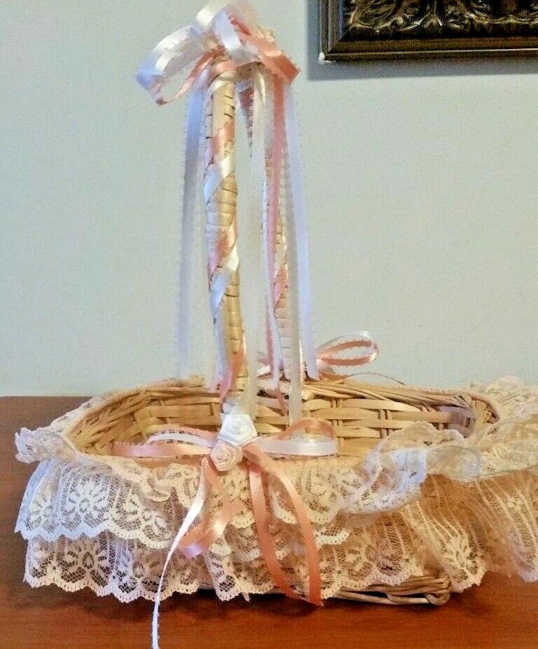 Small Square Wicker Basket With Peach & White Ribbons & 3 Layers of Lace