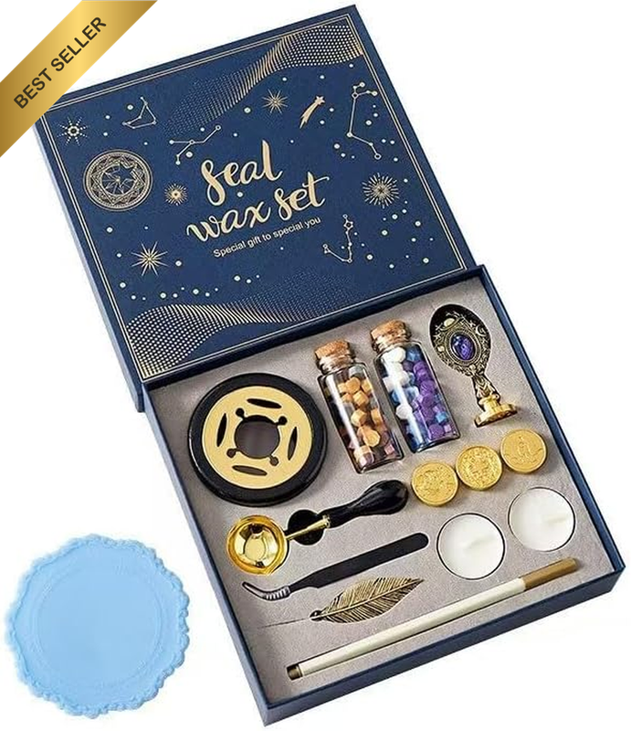 Wax Stamp Boxes Set, 2 Mixed Colors and 6Pcs Sealing Wax Stamps Copper Seals wit