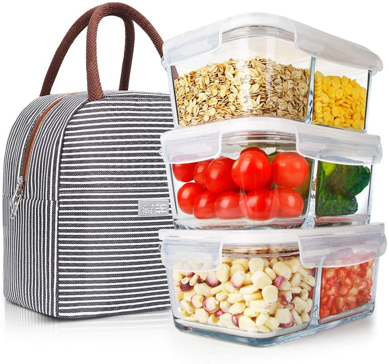 With 2 Compartments Lids Meal Prep Containers Lunch Bag