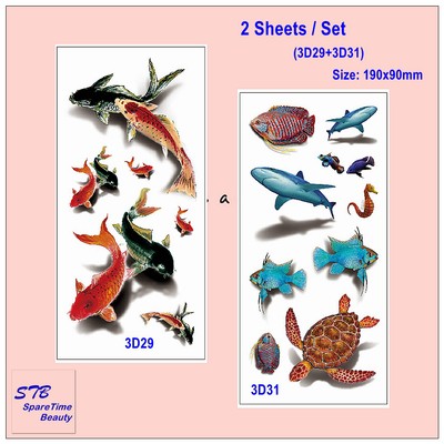 2 Sheets /Set Temporary Tattoo Koi Fish Lotus Sea Animal Shark Seahorses