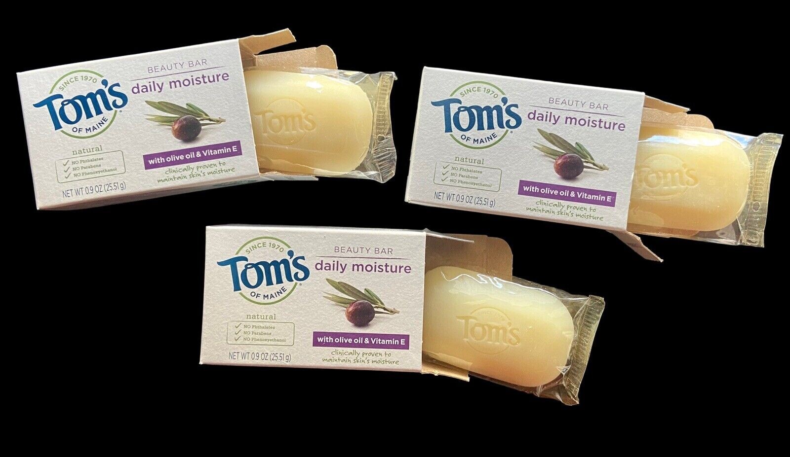 THREE Tom's of Maine Soap (.9 oz) Daily Moisture Olive Oil Vitamin E Travel Size