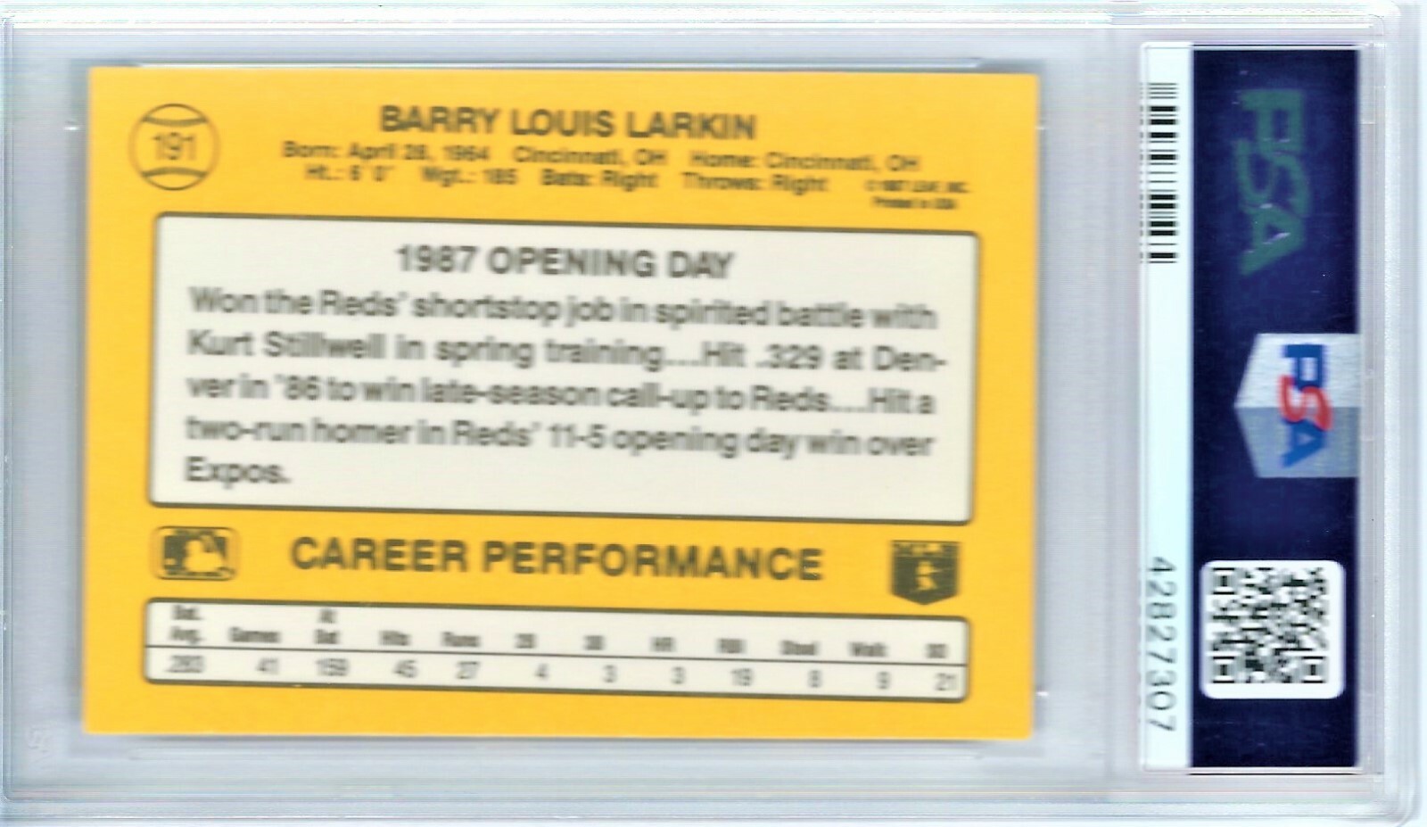 HOF'er BARRY LARKIN # 191 1987 DONRUSS OPENING DAY ROOKIE CARD -PSA NM to MT 8.