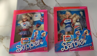 TWO! Vintage Mattel 1989 Pepsi Spirit Barbie and Skipper Dolls NIB! 