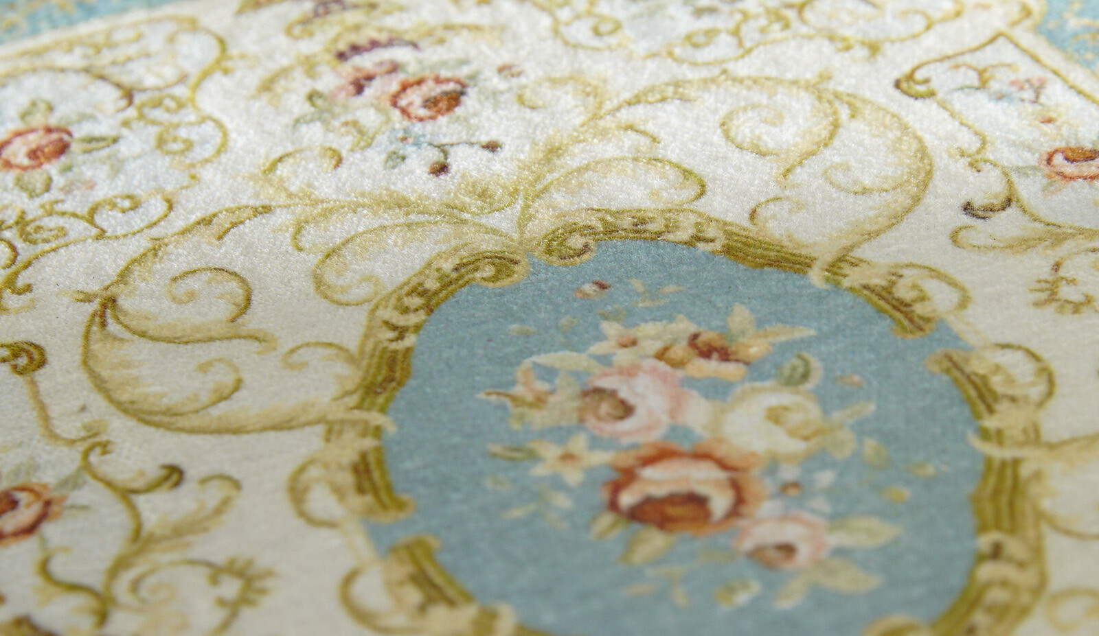 1:12 Scale Beautiful Floral Classic French Swirls Beige Blue Dollhouse Rug