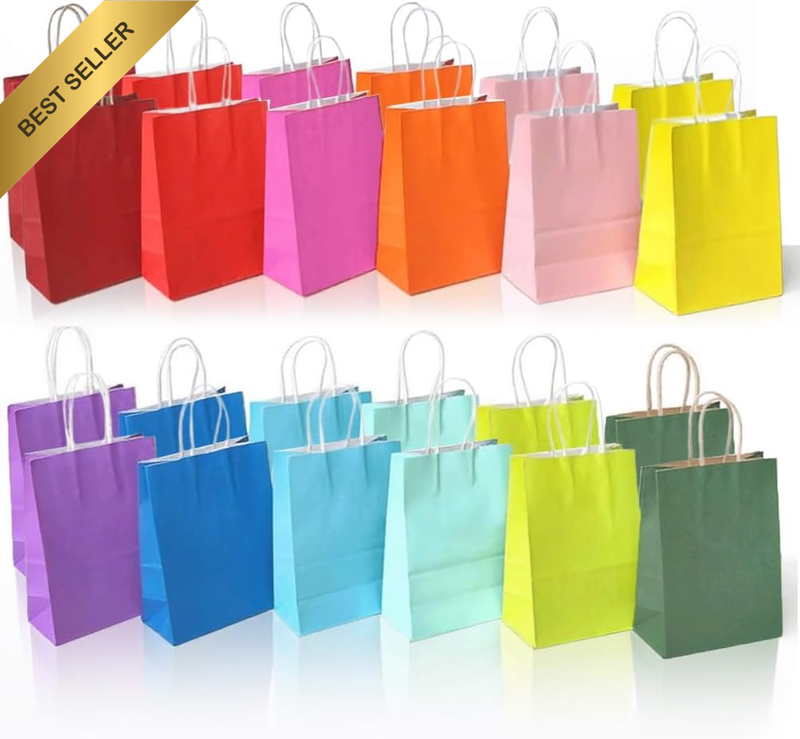 42-Pack Kraft Paper Gift Bags with Handles | 15X8X21Cm | 12 Bright Colors Small