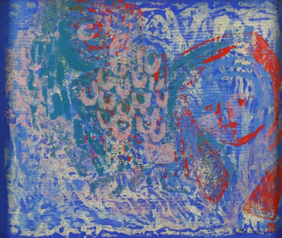 Michi Fukui Original Woodblock Print ''Girl and Owl'' Abstract c1967 Signed 2/20