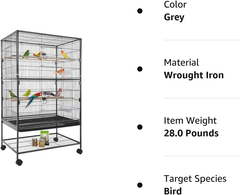 35 Inch 53 Inch Wrought Iron Bird Cage with Play Open Top and Rolling Stand,Larg