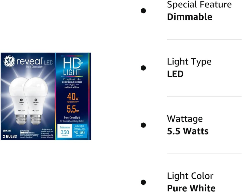 Reveal HD+ LED Light Bulbs, 40 Watt, A19 (2 Pack)