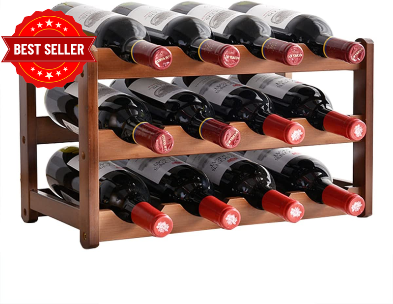 Bamboo Wine Rack, 3-Layer 12-Bottle Natural Bamboo Storage Rack Display Wine Bot