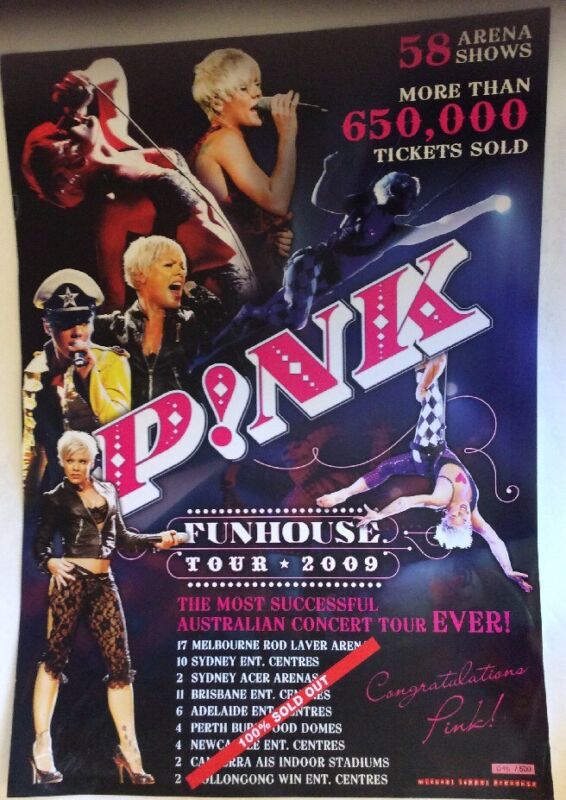P!NK 100% SOLD OUT FUNHOUSE TOUR 2009 OFFICIAL WALL POSTER 23" x 17" NEW RARE