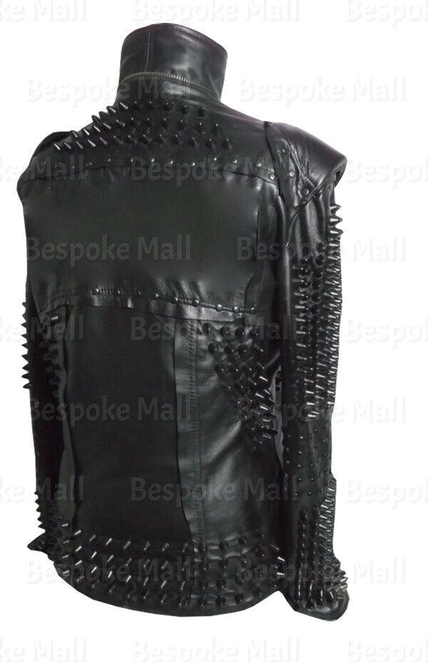 Pre-owned Handmade Woman's Black Punk Tonal Spiked Hoodie Triple Belted Real Leather Jacket-563