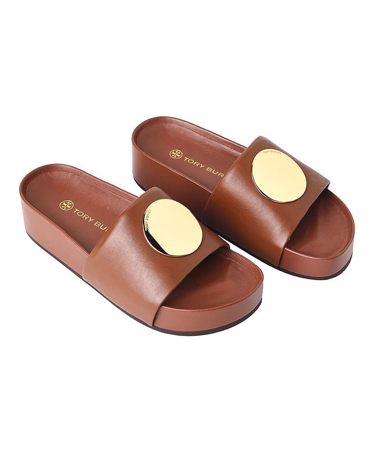 Pre-owned Tory Burch Patos Platform Leather Slide Burnt Cuoio Brown 6.5 7 7.5 8 8.5 9