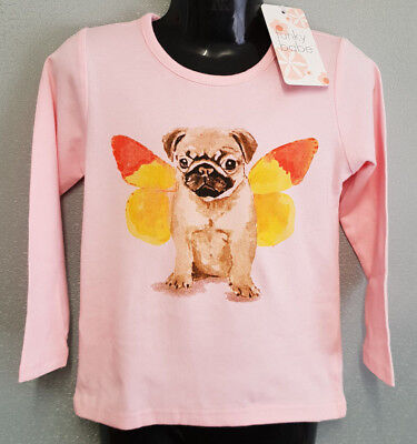 BNWT Little Girls Sz 1 Cute Pug Print Pink Long Sleeve Stretch Tee Top