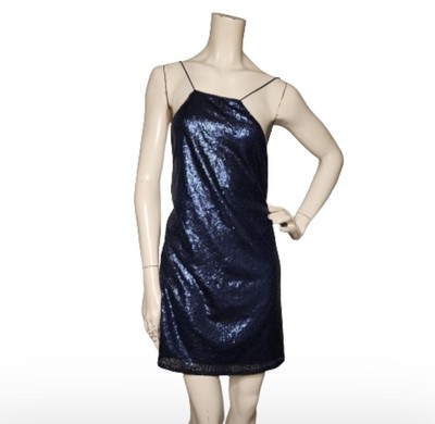 Club L London Women's Sequin Strappy Back Mini Dress Navy Blue Size 8