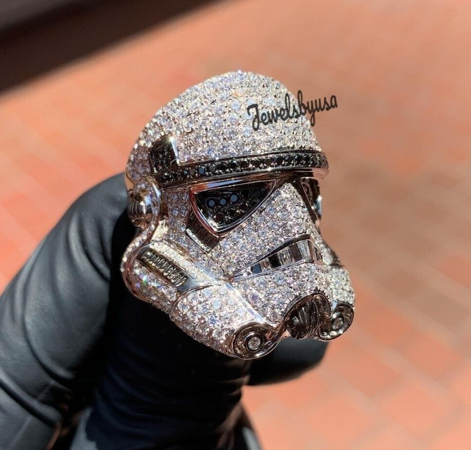 Pre-owned Nsg 925 Sterling Silver Black & White Real Moissanite Stormtrooper Ring Gift For Him
