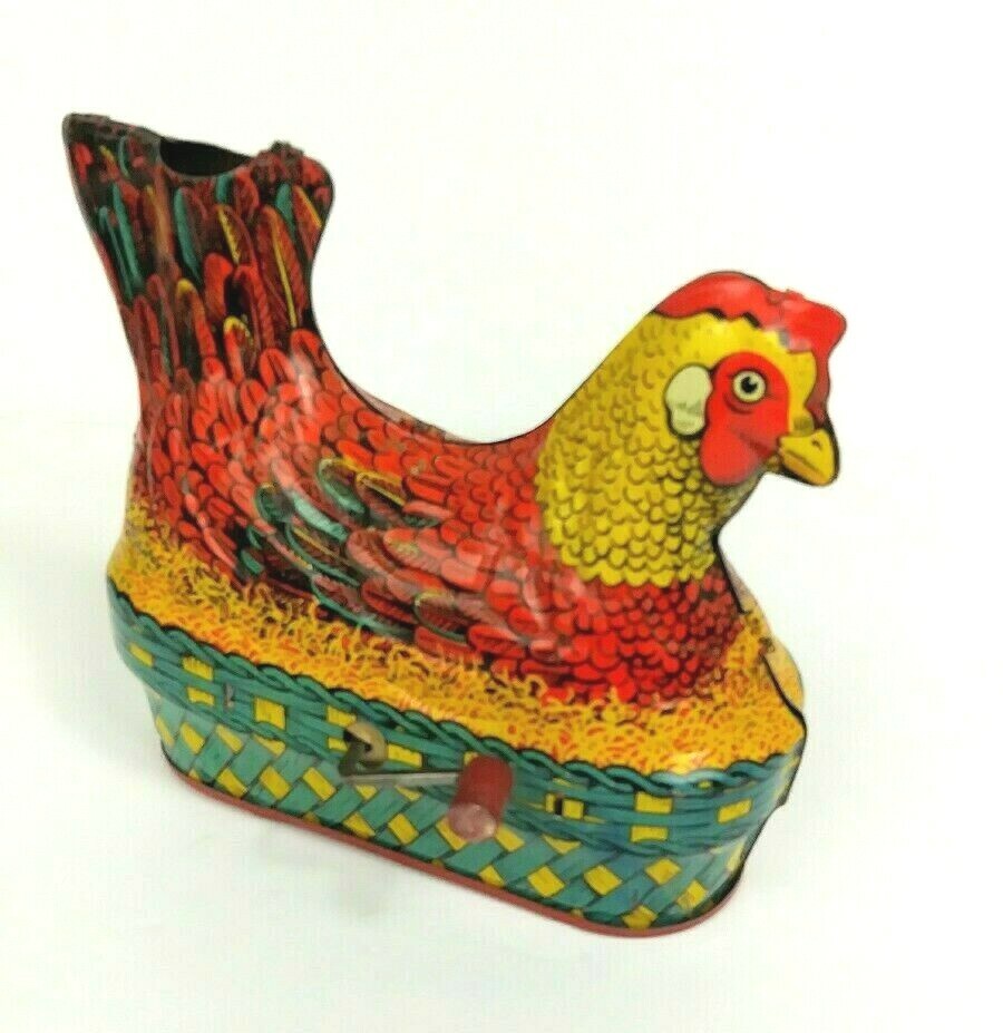 Vintage 40's Happy Hen by Baldwin Mfg Co Tin Laying Chicken Wind-Up Easter Toy